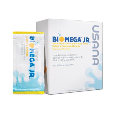 Frasco de BiOmega Jr. de USANA, suplemento de aceite de pescado diseñado especialmente para niños, rico en ácidos grasos omega-3.