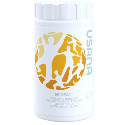Botella de BiOmega de USANA, suplemento de aceite de pescado rico en ácidos grasos Omega-3.