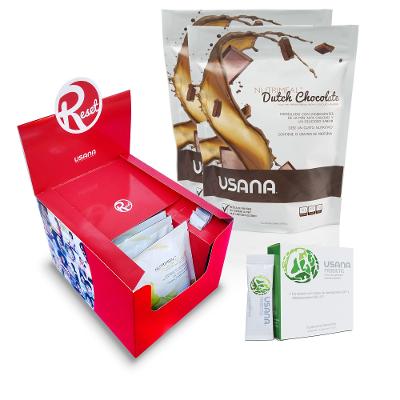 Productos del Paquete de Transformación USANA, incluyendo Reset Kit, Nutrimeal Chocolate Holandés y Probiotics, para impulsar tu camino hacia un estilo de vida saludable.