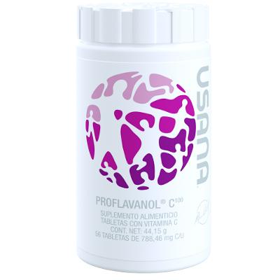Frasco de tabletas de Proflavanol C100 de USANA, el suplemento antioxidante potente para una salud óptima.