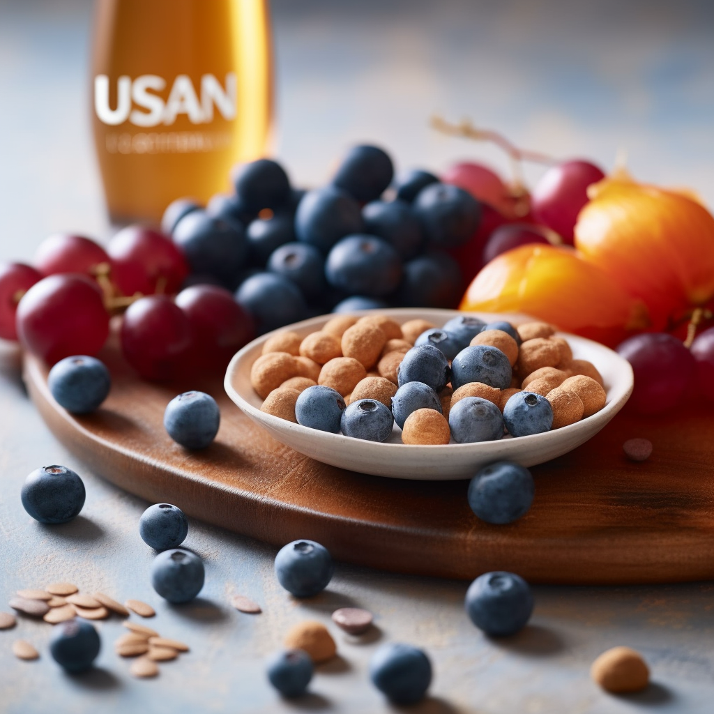 Una imagen de un tazón lleno de arándanos y otras frutas frescas, con el logo de USANA en el fondo.